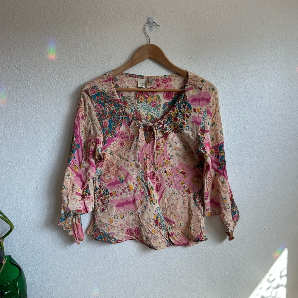 Copper Key Y2k Viscose Printed Peasant Blouse - image 1